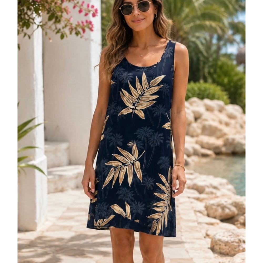 Vintage Back East Navy Palm Leaf Rayon Shift Dress vacation beach tropical S